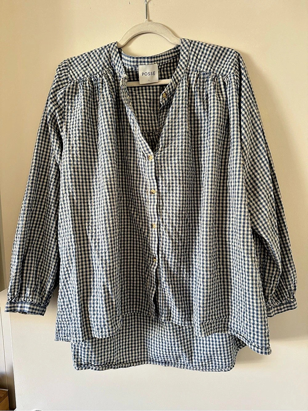 Posse Mira Shirt Gingham Blouse Blue & White Large